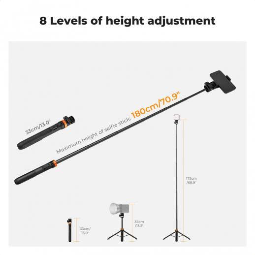 K&F Concept 69''/175cm Iphone Selfie Stick Tripod, Compact Tripod with Phone Holder, Light Stand with Detachable Remote Control, Action Camera Adapter, Compatible with Phone/GoPro/Camera