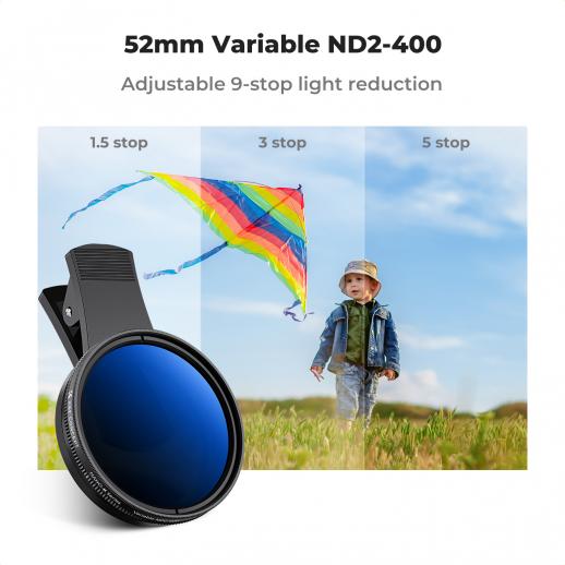 52mm Clip-on ND2-400 Phone Camera Lens Filter Kit, Adjustable Neutral Density Filter Compatible models: iPhone 15 series / 14 series / 13 series / 12 series / 11 series