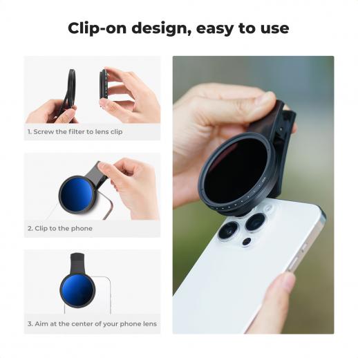 52mm Clip-on ND2-400 Phone Camera Lens Filter Kit, Adjustable Neutral Density Filter Compatible models: iPhone 15 series / 14 series / 13 series / 12 series / 11 series