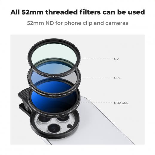 52mm Clip-on ND2-400 Phone Camera Lens Filter Kit, Adjustable Neutral Density Filter Compatible models: iPhone 15 series / 14 series / 13 series / 12 series / 11 series