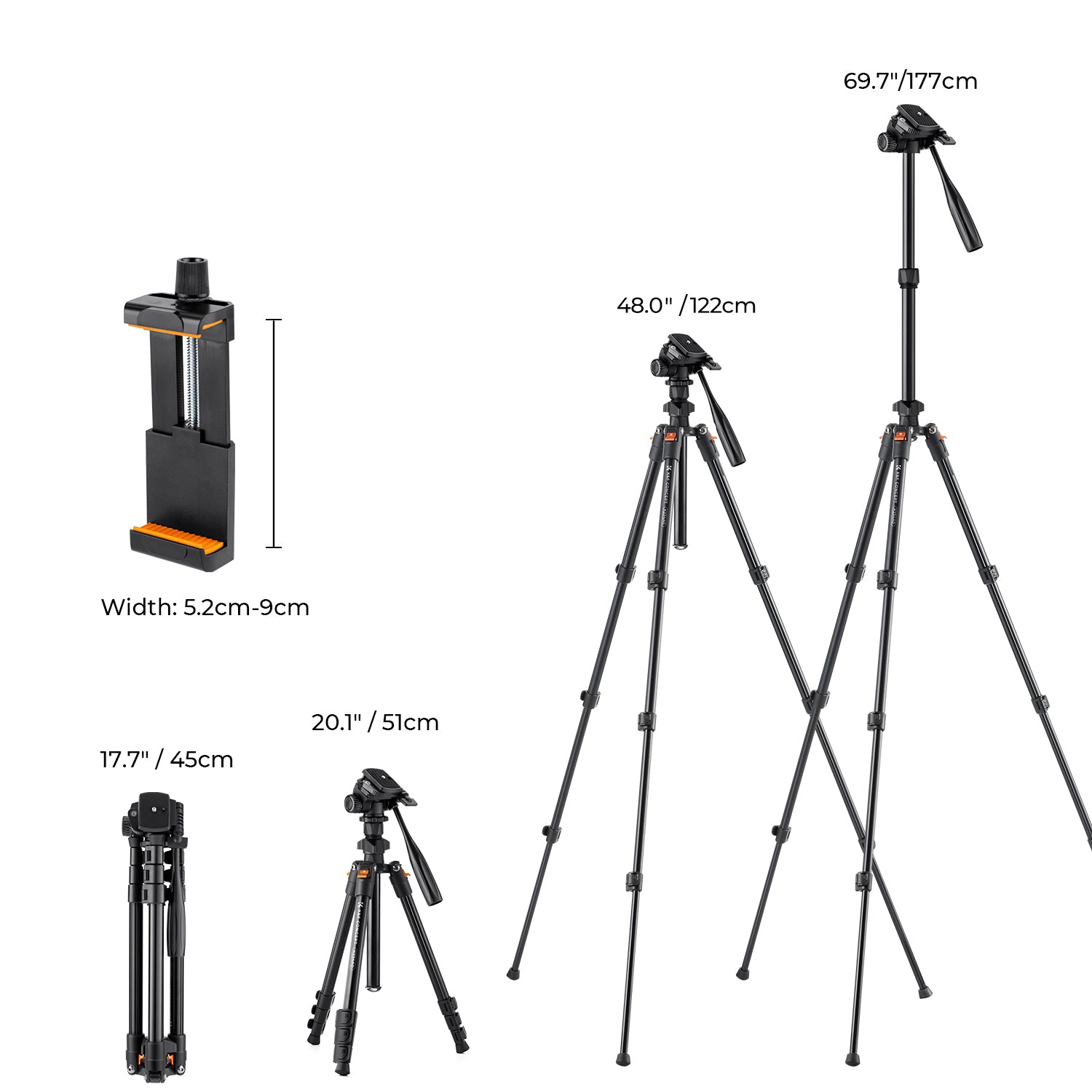 K&F 1.96m Camera Tripod, Video Tripod, Lightweight Travel Tripod, Tripod with 3-Way Head, Aluminium Camera Tripod for DSLR, Tripod for Smartphone with Mobile Phone Holder