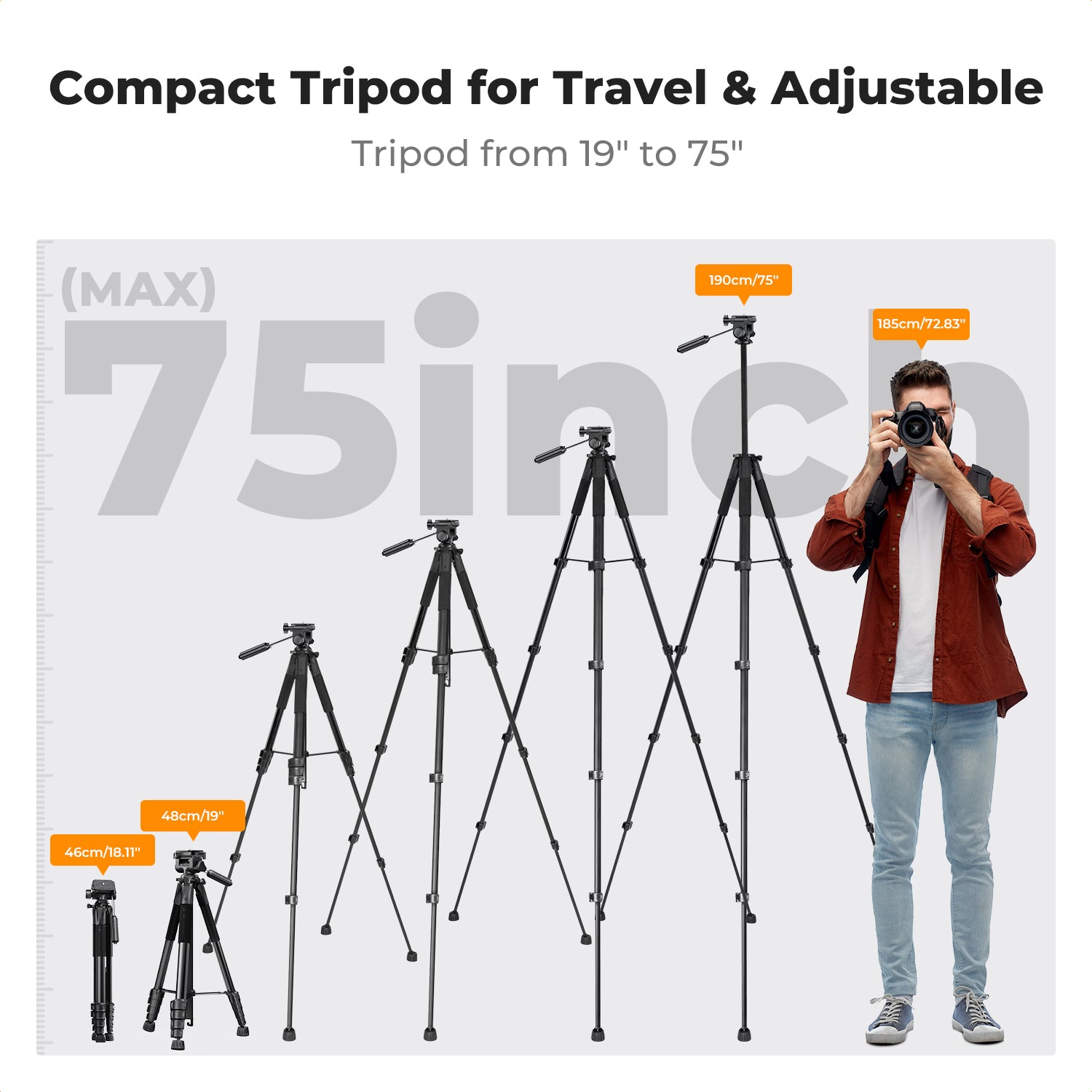 K&F Concept 190 cm Lightweight Tripod, Camera Compact Tripod with Remote and 2-in-1 Phone Holder,Travel Phone Tripod with Removable 3-Way Pan Head for Selfie/Video Recording/Photo/Live Stream/Vlog