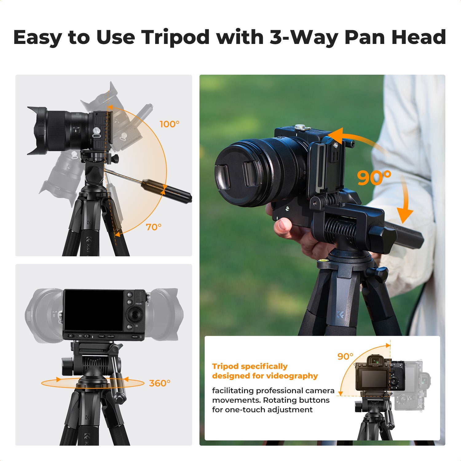 K&F Concept 190 cm Lightweight Tripod, Camera Compact Tripod with Remote and 2-in-1 Phone Holder,Travel Phone Tripod with Removable 3-Way Pan Head for Selfie/Video Recording/Photo/Live Stream/Vlog