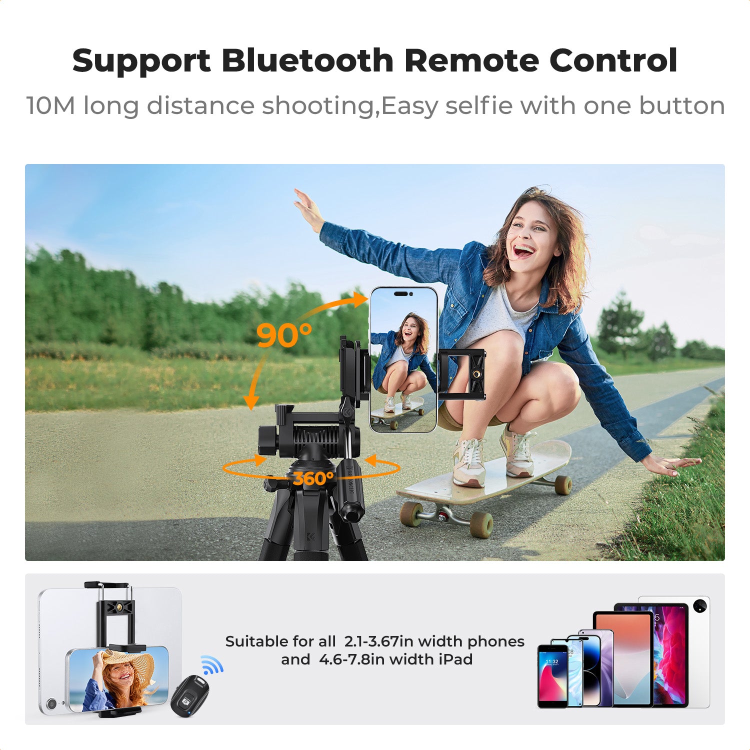 K&F Concept 190 cm Lightweight Tripod, Camera Compact Tripod with Remote and 2-in-1 Phone Holder,Travel Phone Tripod with Removable 3-Way Pan Head for Selfie/Video Recording/Photo/Live Stream/Vlog