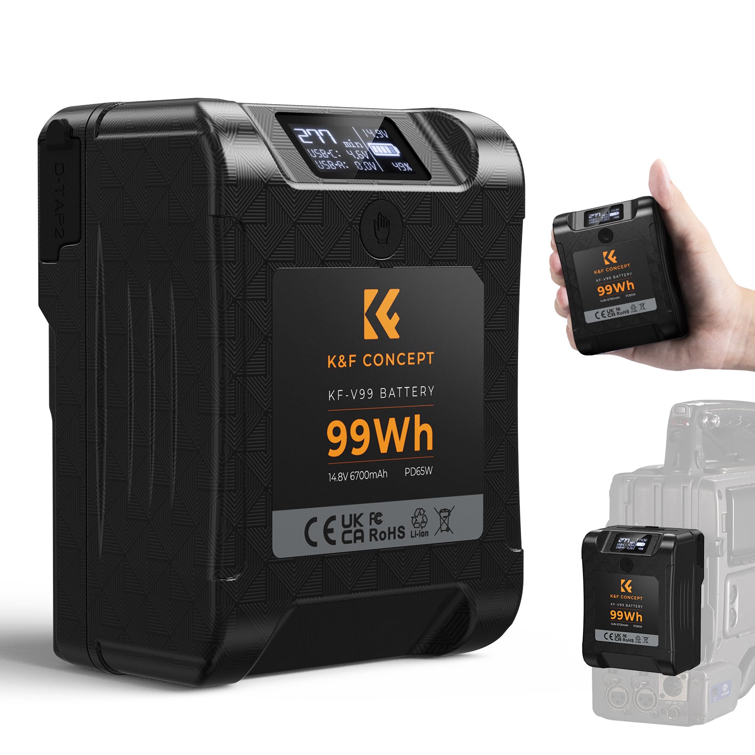 V Mount Battery, 99Wh Mini V-Mount Battery, 6700mAh 14.8V Support 65W PD USB-C Fast Charger, with D-TAP, USB-A, USB-C, BP, OLED Screen, for Cameras and Camcorders