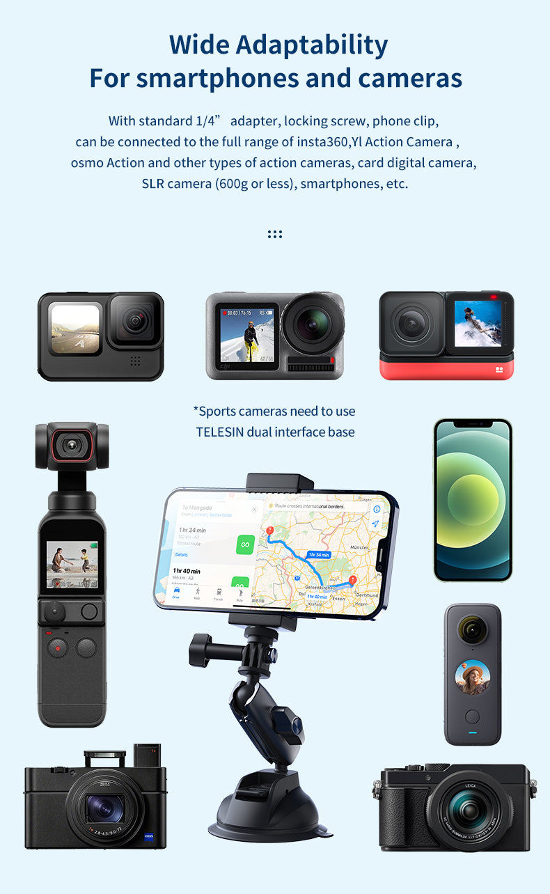 TELESIN Aluminum Alloy Action Camera & phone Suction Cup Mount
