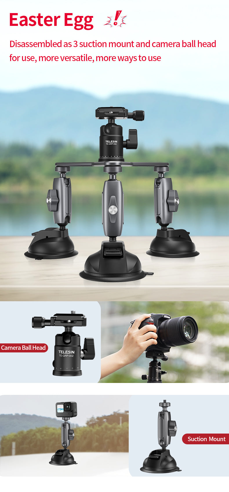 TELESIN Three-Arm Suction Mount