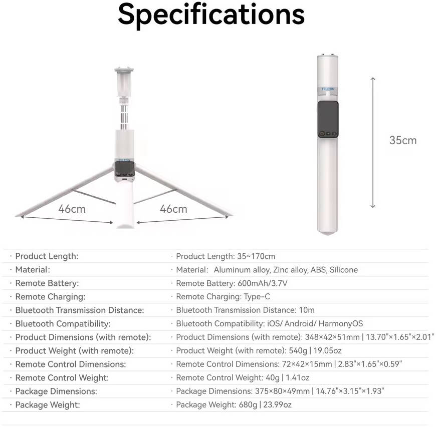 TELESIN 68-Inch Projection Tripod & Selfie Stick 1.7m, Extendable Phone Stand