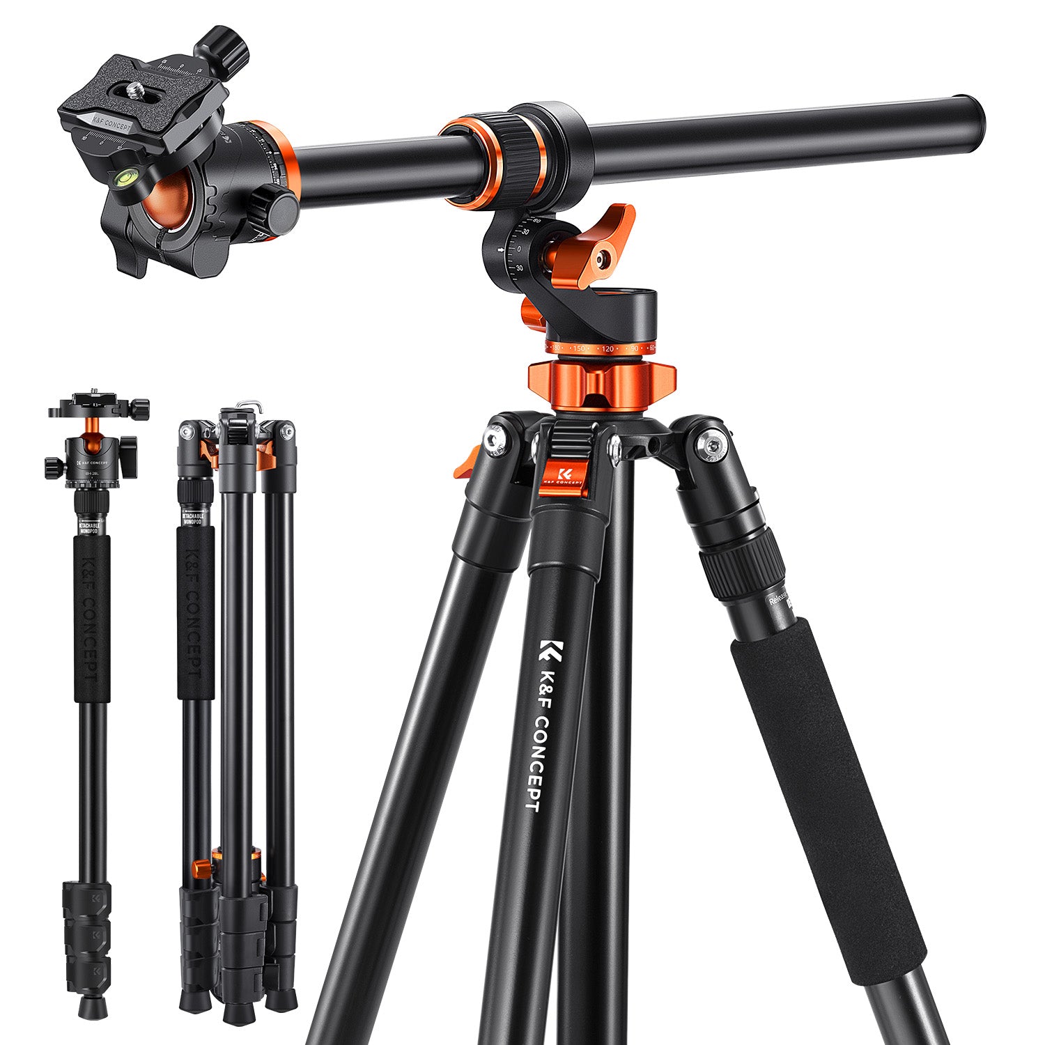K&F 2.3m Camera Tripods magnesium aluminum alloy tripods Reversible Detachable Monopod Plate Lock Transverse Center Column horizontal 360 ° panoramic BH-28L head (orange)