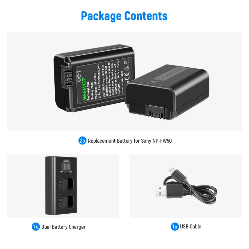 NEEWER 2-Pack NP-FW50 Sony Replacement Battery Charger Set