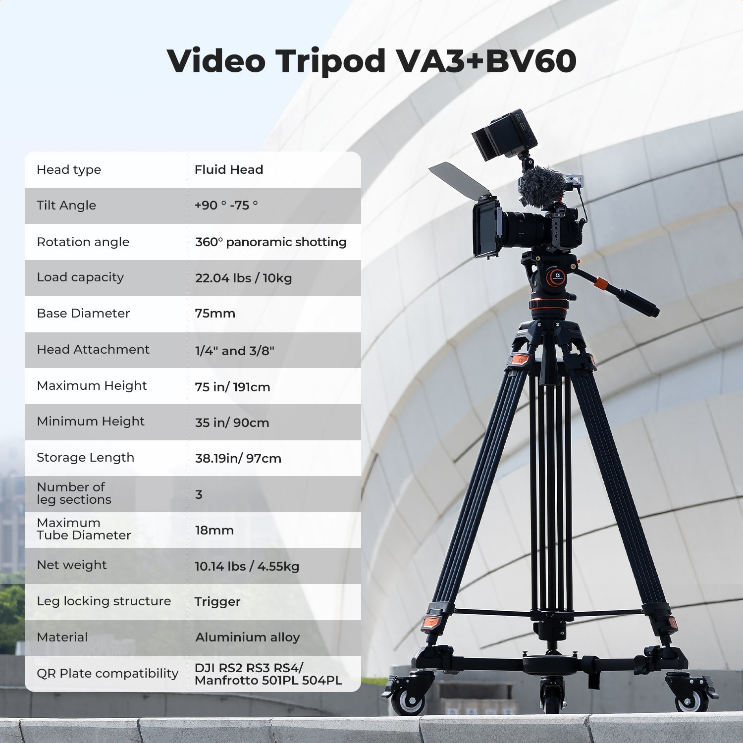 K&F 10KG Load Capacity Fluid Head Tripod Camera Tripod Maximum Height 75.2