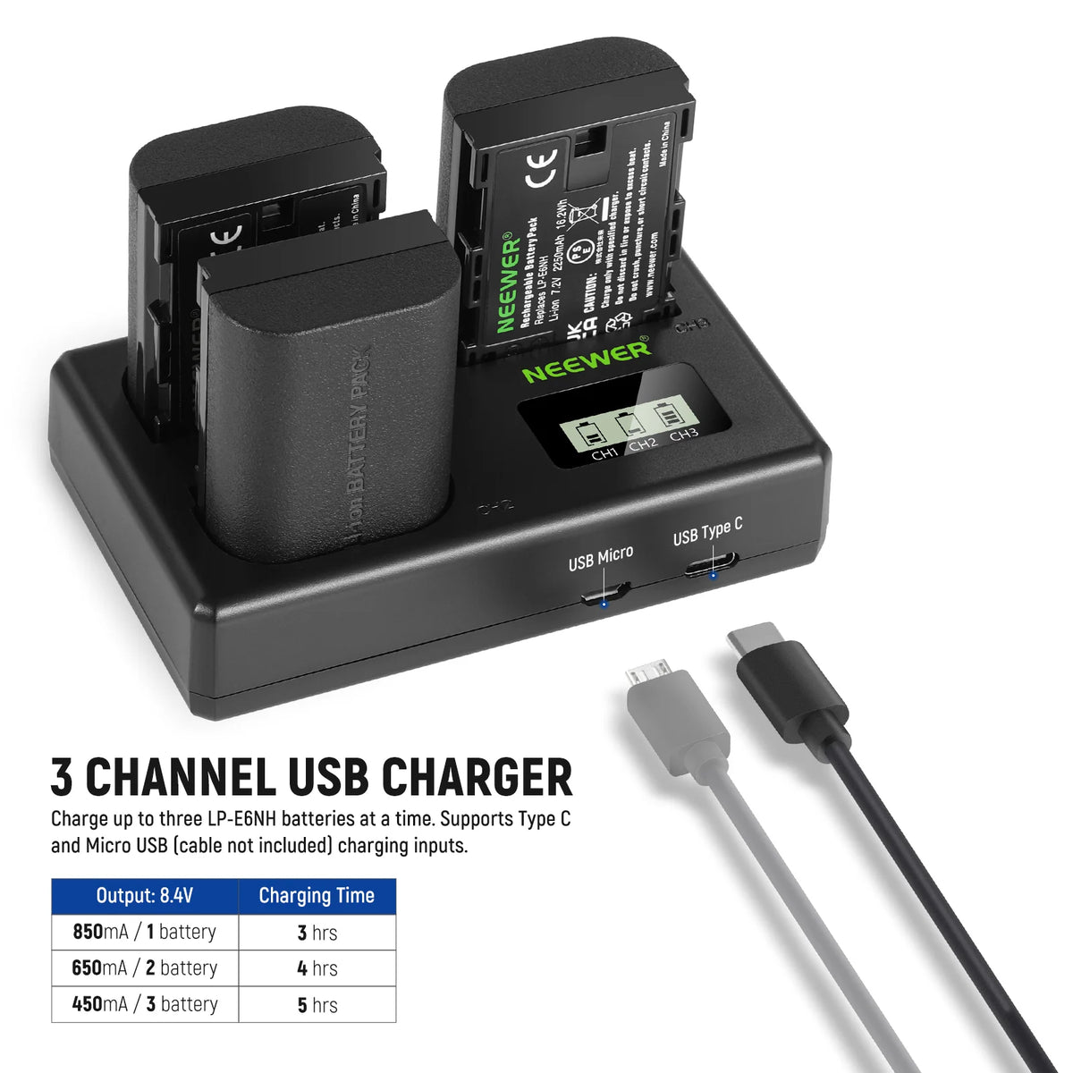 LP-E6NH 3 Pcs 2250 MAH LP-E6NH BATTERY+ TRIO-CHARGER black