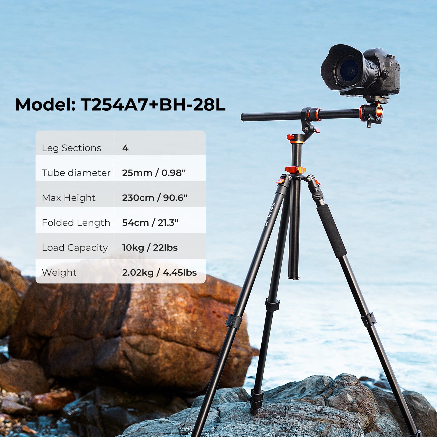 K&F 2.3m Camera Tripods magnesium aluminum alloy tripods Reversible Detachable Monopod Plate Lock Transverse Center Column horizontal 360 ° panoramic BH-28L head (orange)