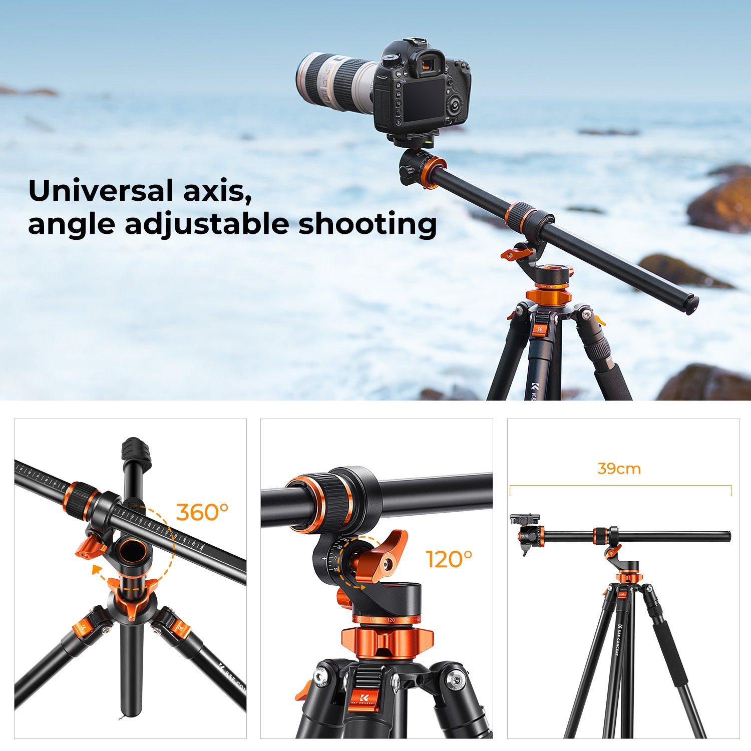 K&F 2.3m Camera Tripods magnesium aluminum alloy tripods Reversible Detachable Monopod Plate Lock Transverse Center Column horizontal 360 ° panoramic BH-28L head (orange)