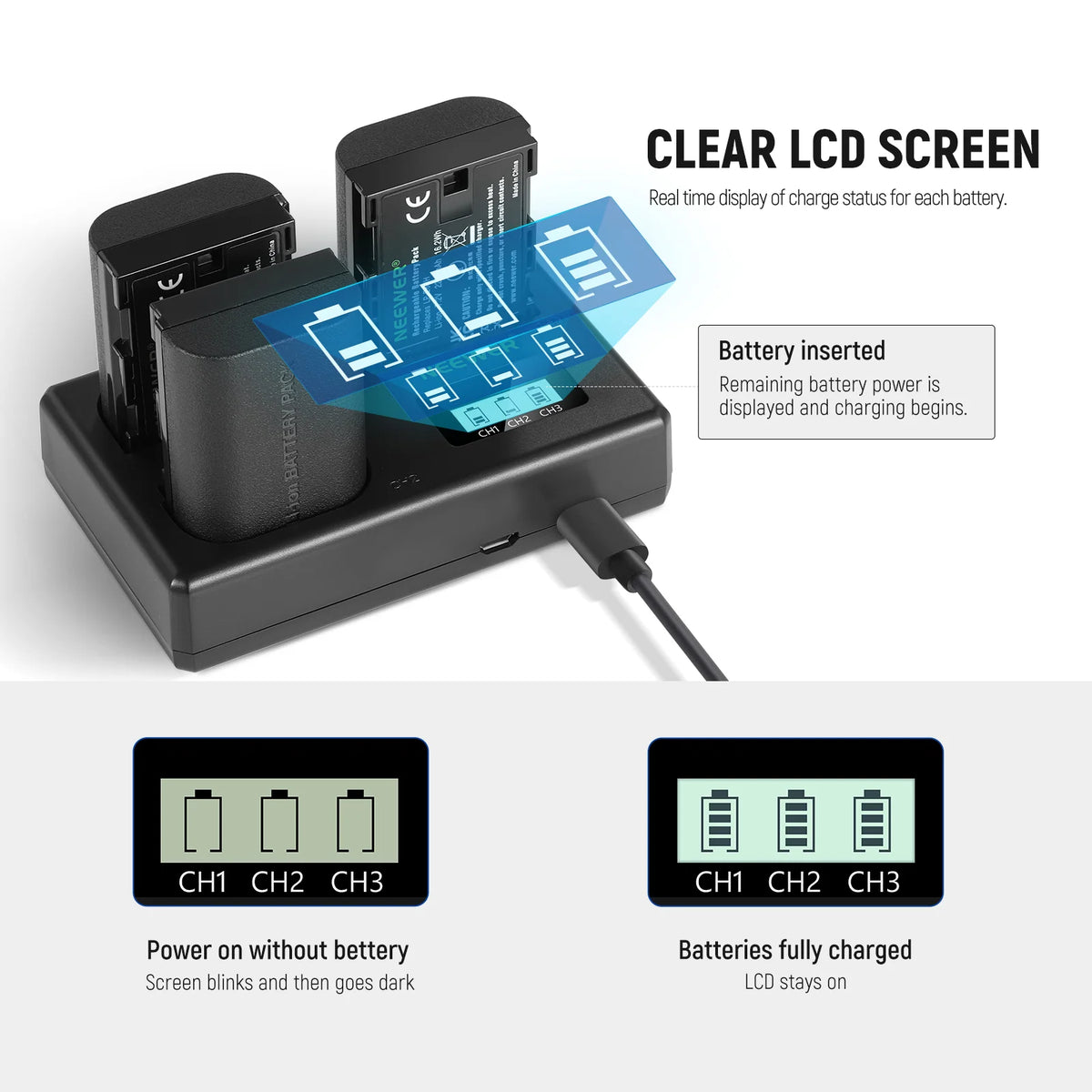 LP-E6NH 3 Pcs 2250 MAH LP-E6NH BATTERY+ TRIO-CHARGER black