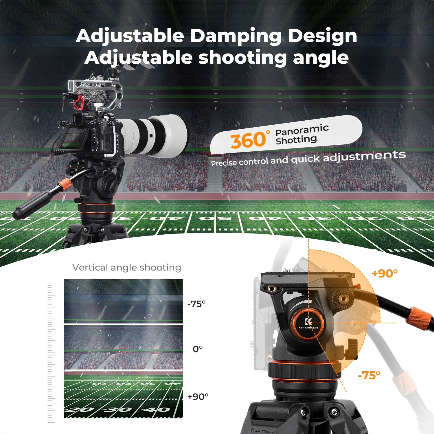 K&F 10KG Load Capacity Fluid Head Tripod Camera Tripod Maximum Height 75.2