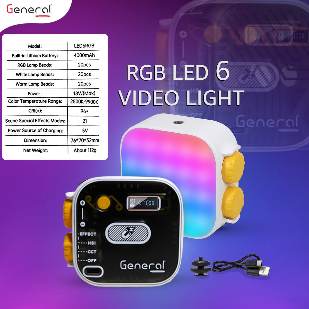 General Led6RGB Video Led Light 18W 2500K-9900K – White