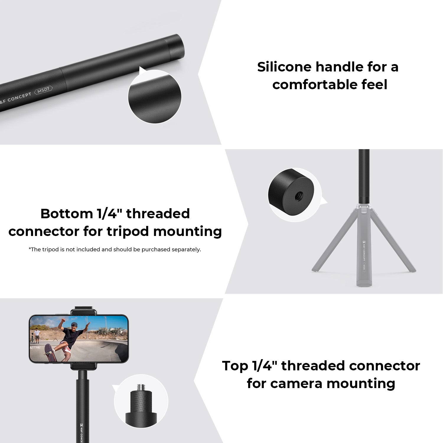 K&F 153CM Invisible Selfie Stick, Extension Pole compatiable with Insta360 Sports Camera, GoPro, DJI Action, 1/4