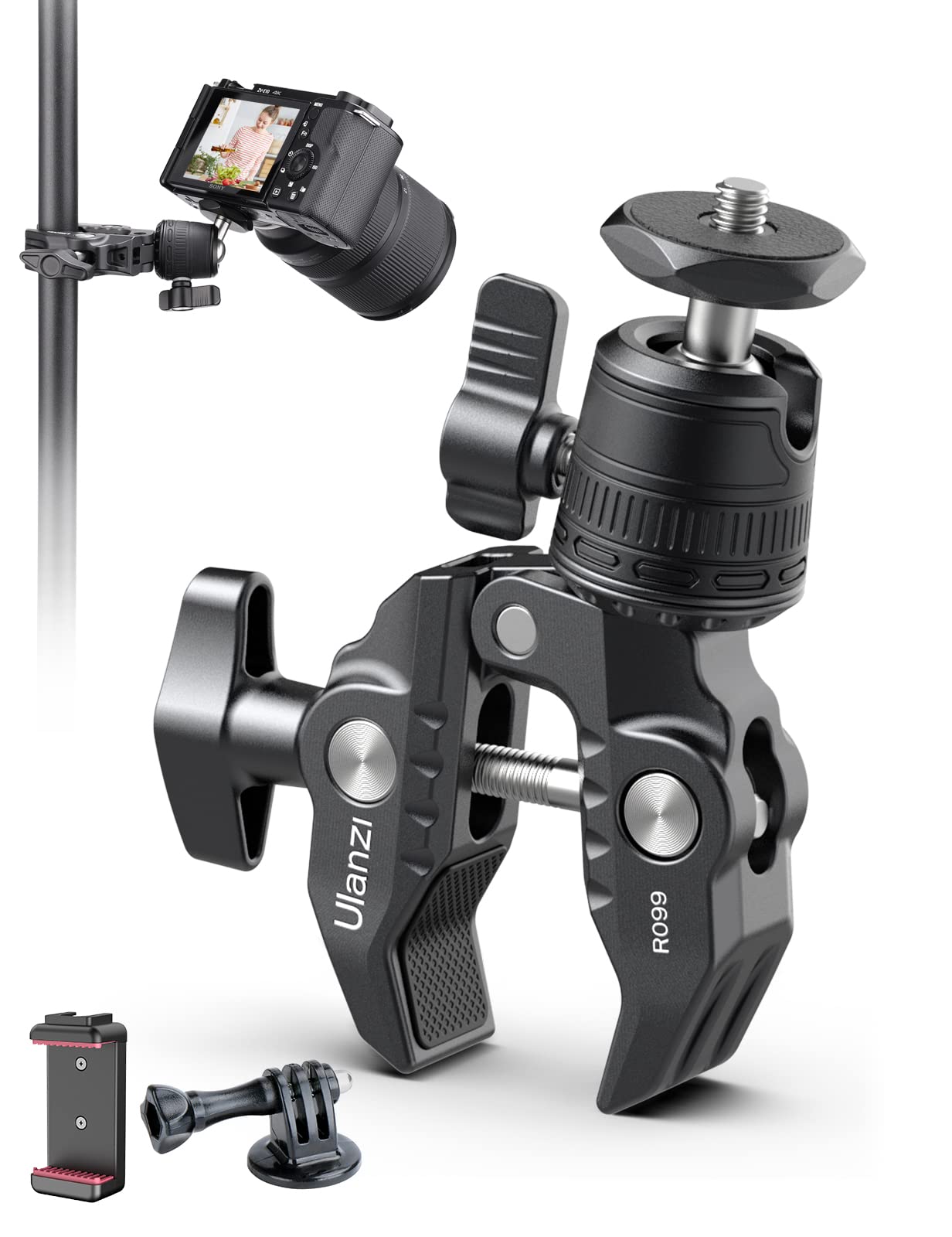 Multi-function Super Camera Clamp with 360 Double Ball Head for Motorcycle Bike Handlebar Sport Camera DSLR Light Holder Mount