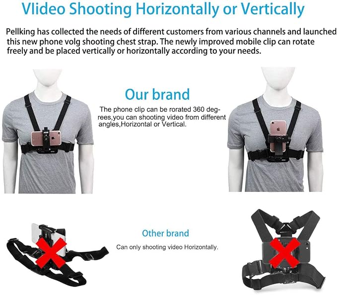 PellKing Mobile Phone Chest Strap Mount,Harness Strap Holder Universal Cell Phone Clip for Action Camera POV Compatible with Gopro Akaso Samsung iPhone etc
