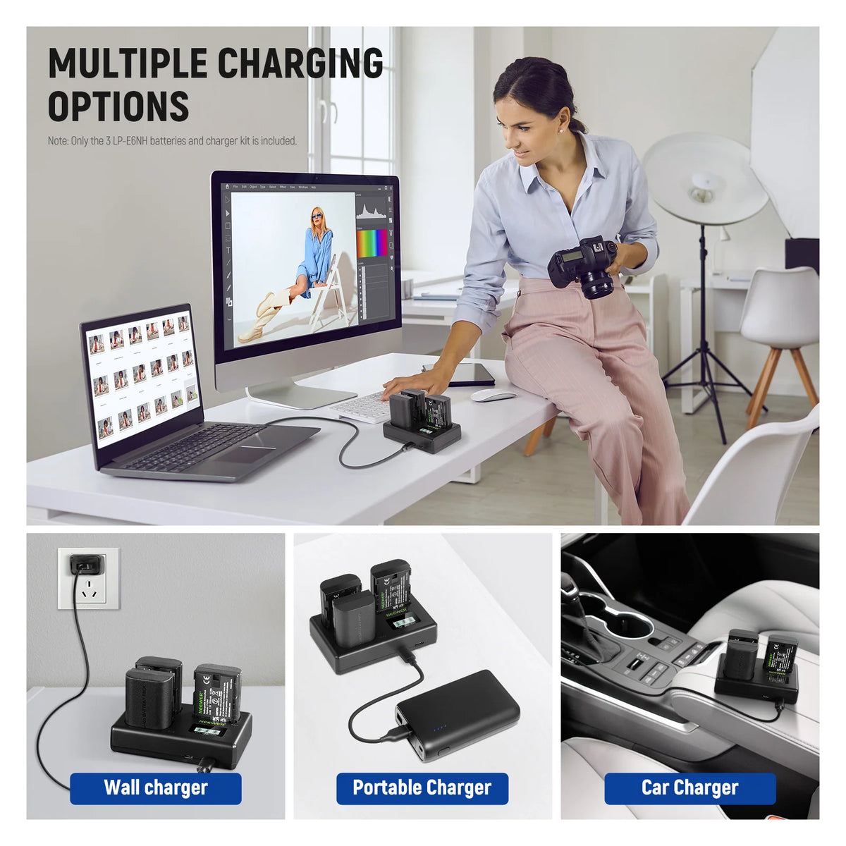 LP-E6NH 3 Pcs 2250 MAH LP-E6NH BATTERY+ TRIO-CHARGER black