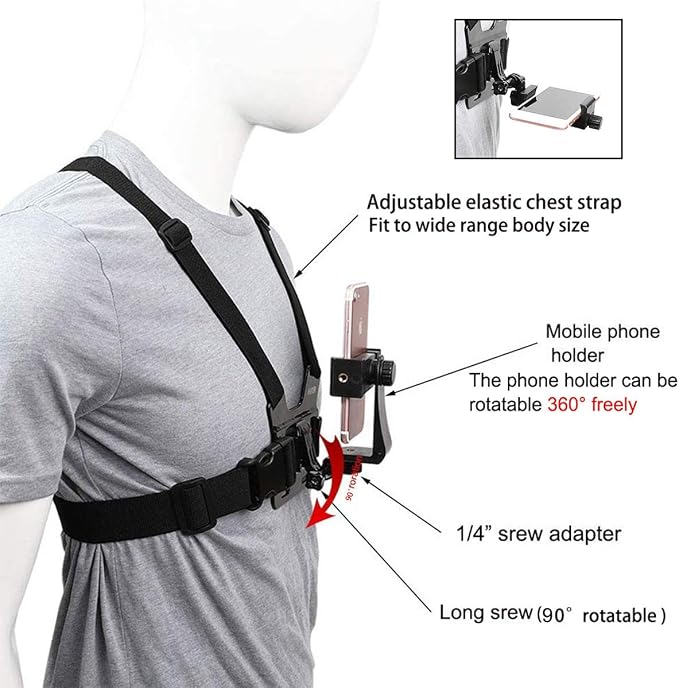 PellKing Mobile Phone Chest Strap Mount,Harness Strap Holder Universal Cell Phone Clip for Action Camera POV Compatible with Gopro Akaso Samsung iPhone etc