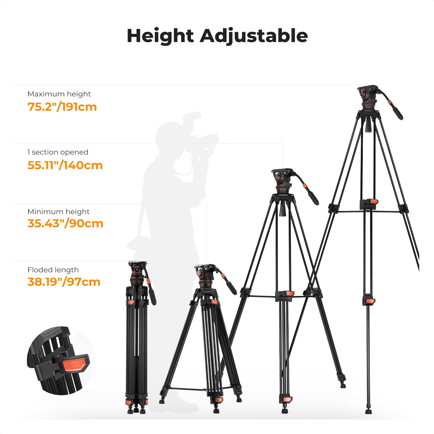 K&F 10KG Load Capacity Fluid Head Tripod Camera Tripod Maximum Height 75.2