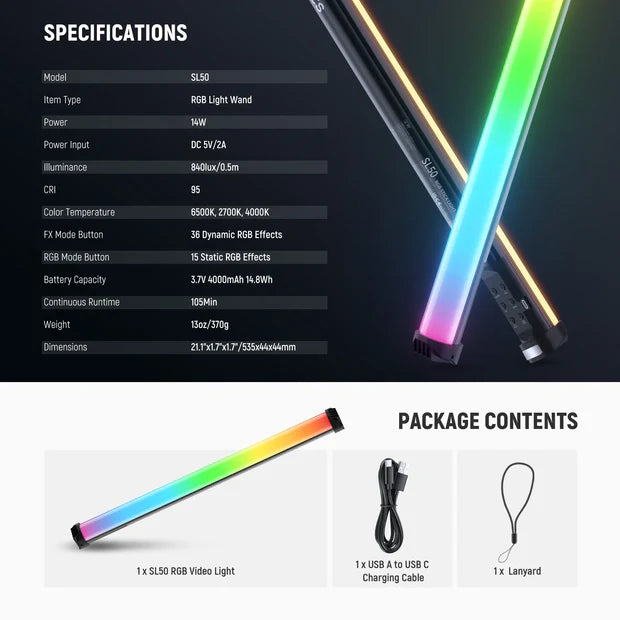 NEEWER BASICS SL50 (53cm - 14w) Magnetic Handheld RGB Light Wand