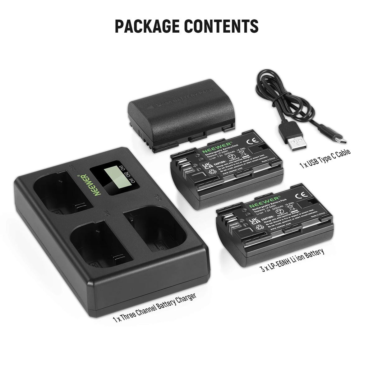 LP-E6NH 3 Pcs 2250 MAH LP-E6NH BATTERY+ TRIO-CHARGER black