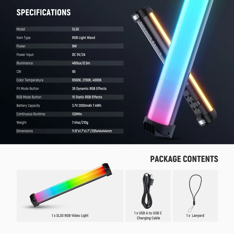 NEEWER BASICS SL30 (30cm - 8W) Magnetic Handheld RGB Light Wand