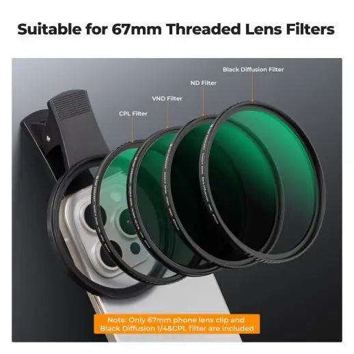 K&F Concept 67mm Clip-on CPL & Black Mist 1/4 2-in-1 Phone Camera Lens Filter Kit, Compatible with All Smartphone Models (KF01.2900V2)