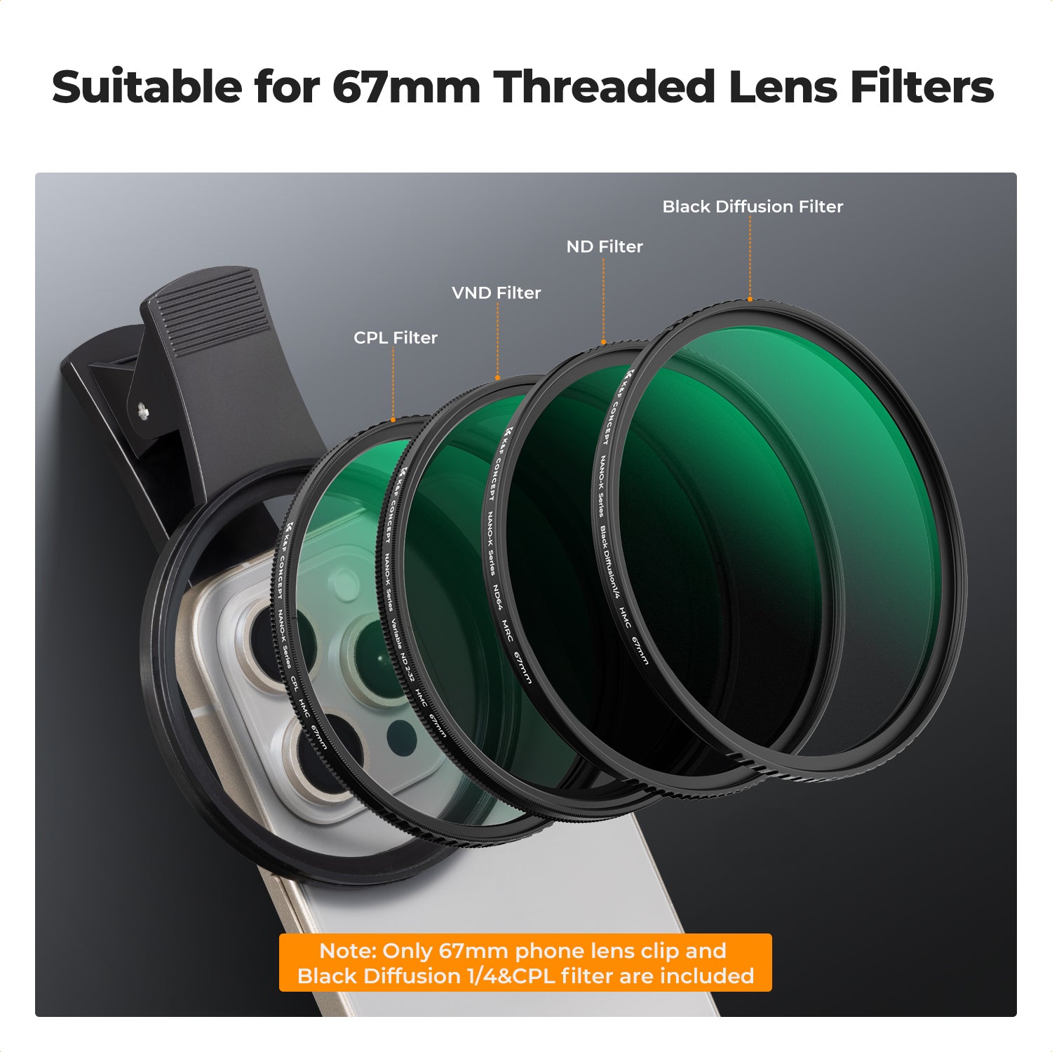 K&F Clip-on CPL&Black Mist 1/4 2-in-1 Phone Camera Lens Filter Kit Applicable to All Mobile Phone Models