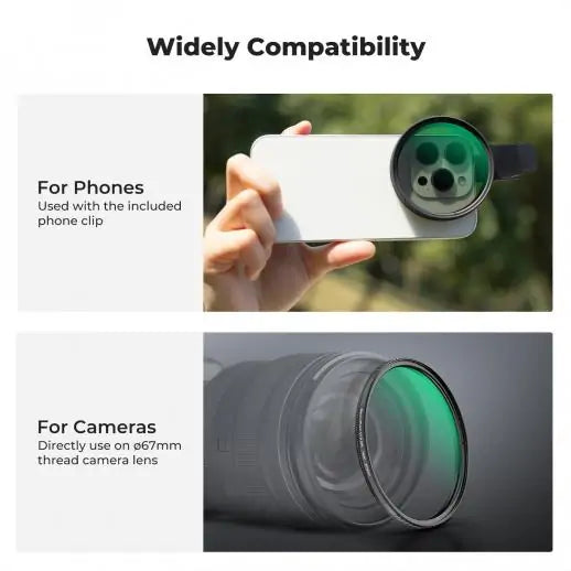 K&F Concept 67mm Clip-on CPL & Black Mist 1/4 2-in-1 Phone Camera Lens Filter Kit, Compatible with All Smartphone Models (KF01.2900V2)