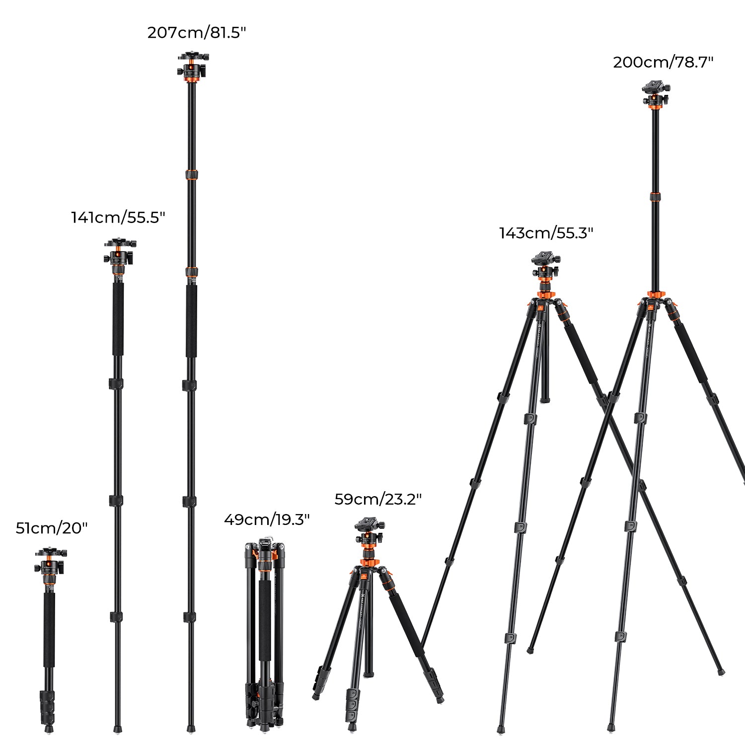K&F 2m Overhead Aluminum Tripod Compact Portable Tripod Monopod 10kg Load with Rotatable 360° Center Column