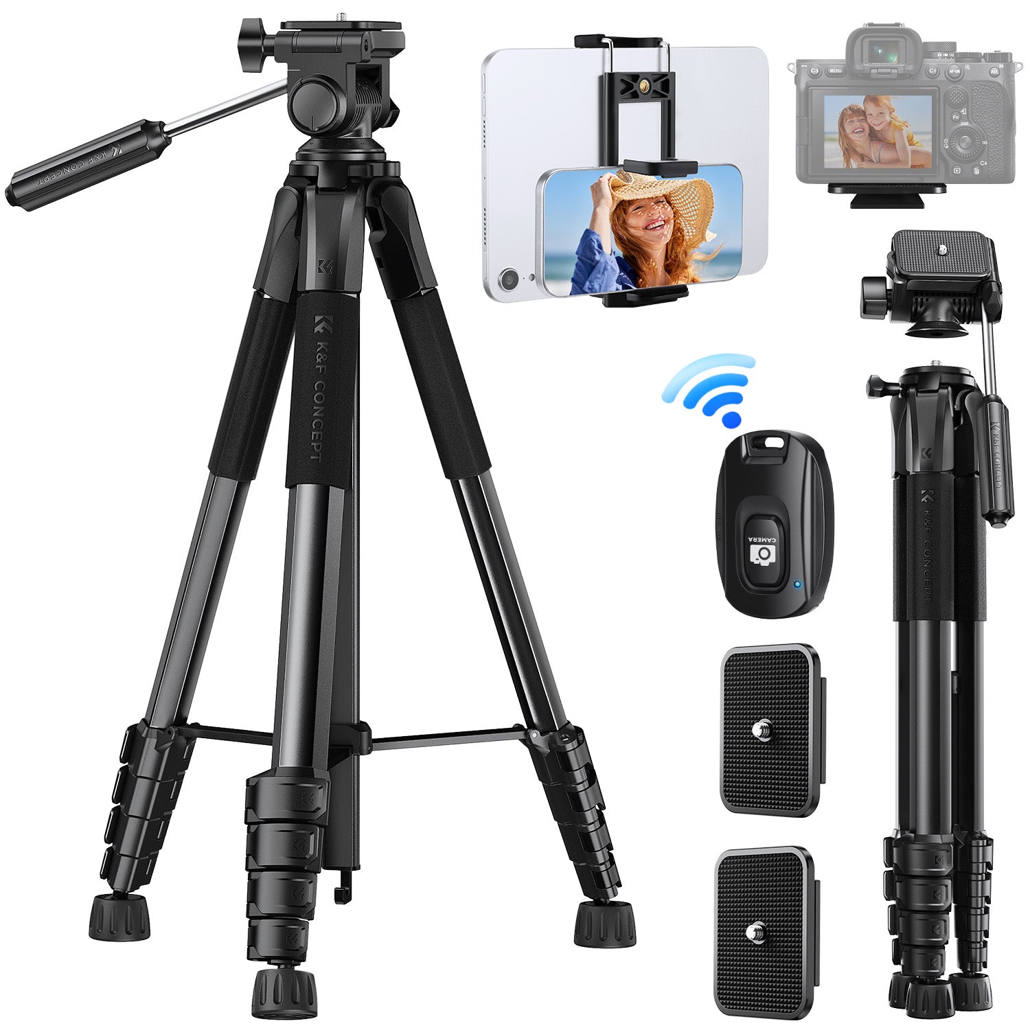 K&F Concept 190 cm Lightweight Tripod, Camera Compact Tripod with Remote and 2-in-1 Phone Holder,Travel Phone Tripod with Removable 3-Way Pan Head for Selfie/Video Recording/Photo/Live Stream/Vlog