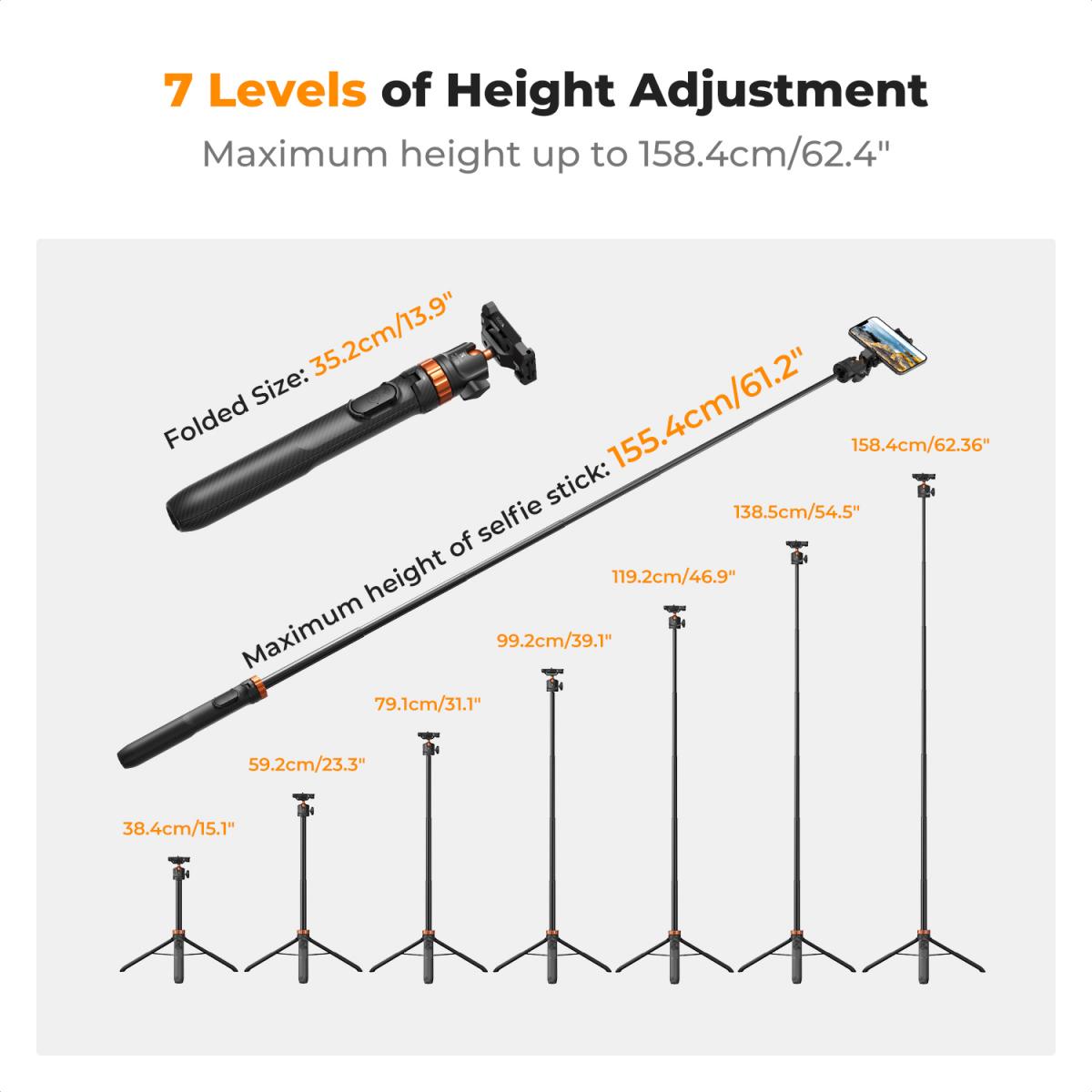 MS04 62''/1.58m Tripod Phone Selfie Stick, Black And Orange With Bluetooth Remote Control + Gopro Adapter