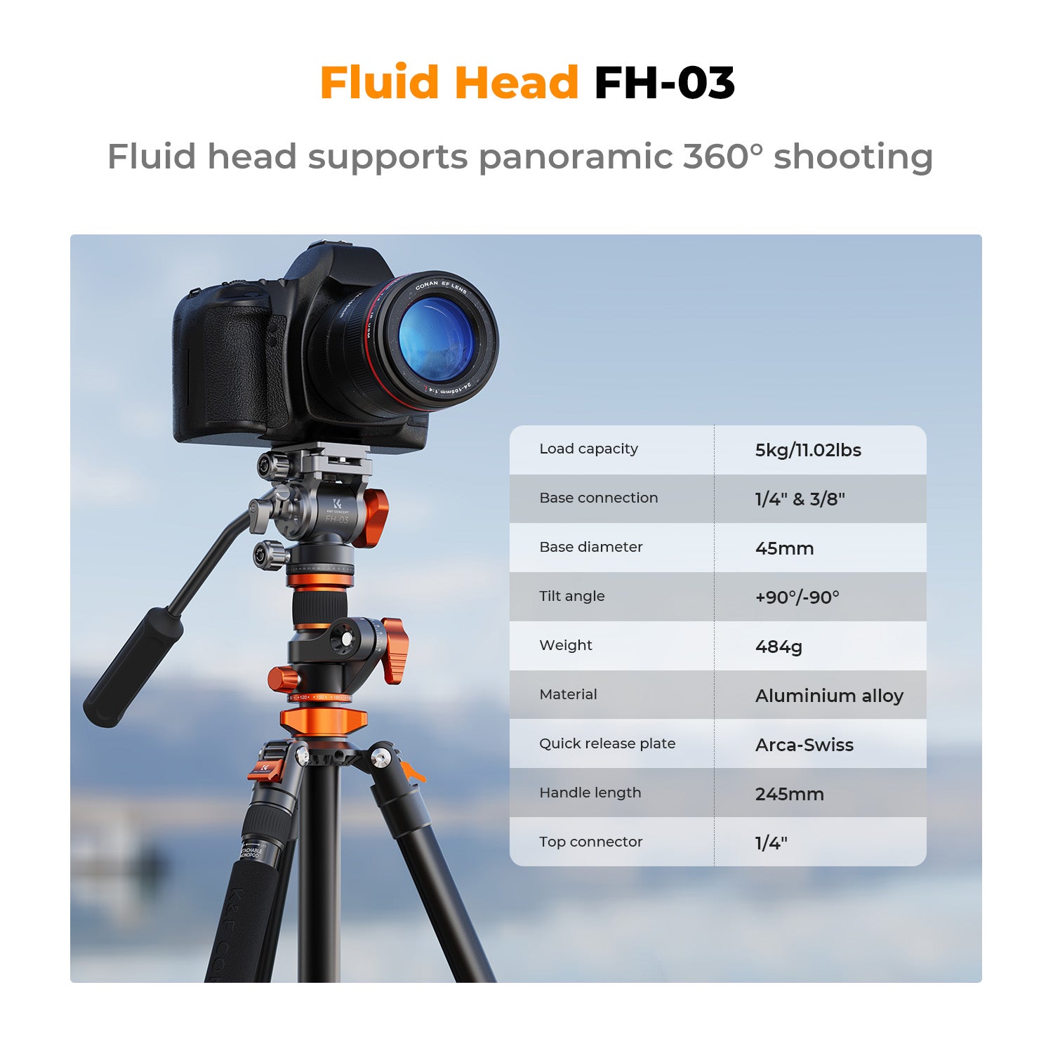 K&F Concept Professional Video Tripod with Fluid Head FH-03 (KF09.137)