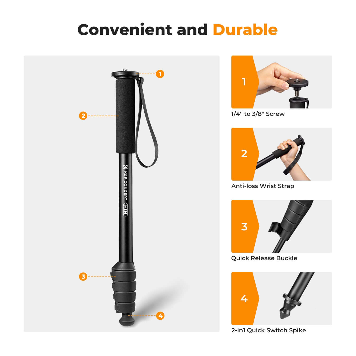 K&F Concept 160cm  Camera Monopod 5-Section Height Aluminum Monopod With Metal And Rubber Feet 2-in-1 Design,Lightweight & Portable Camera Accessories