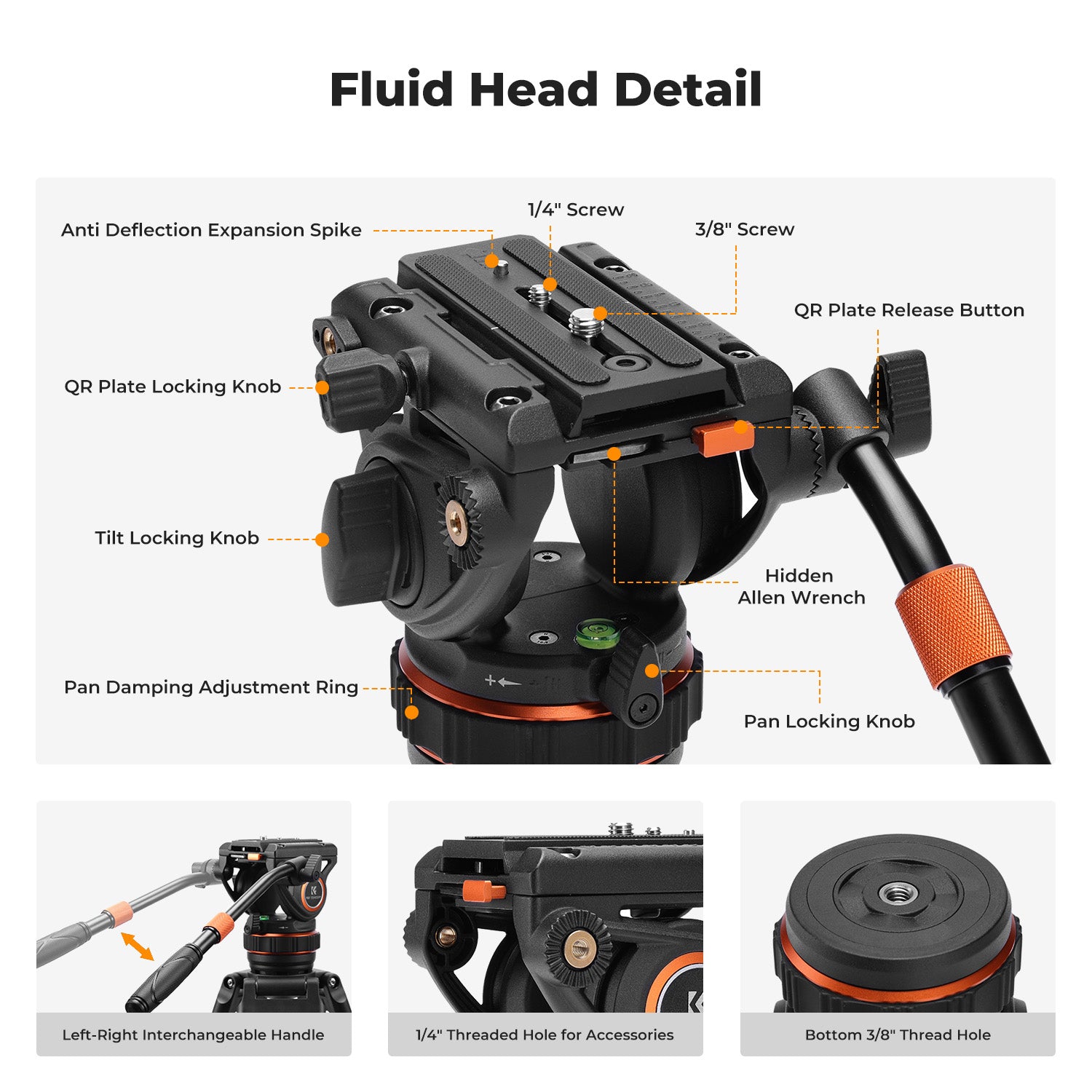 K&F 8KG Load Capacity Fluid Head Tripod Camera Tripod Maximum Height 1.91m Video Tripod VA3+BV10