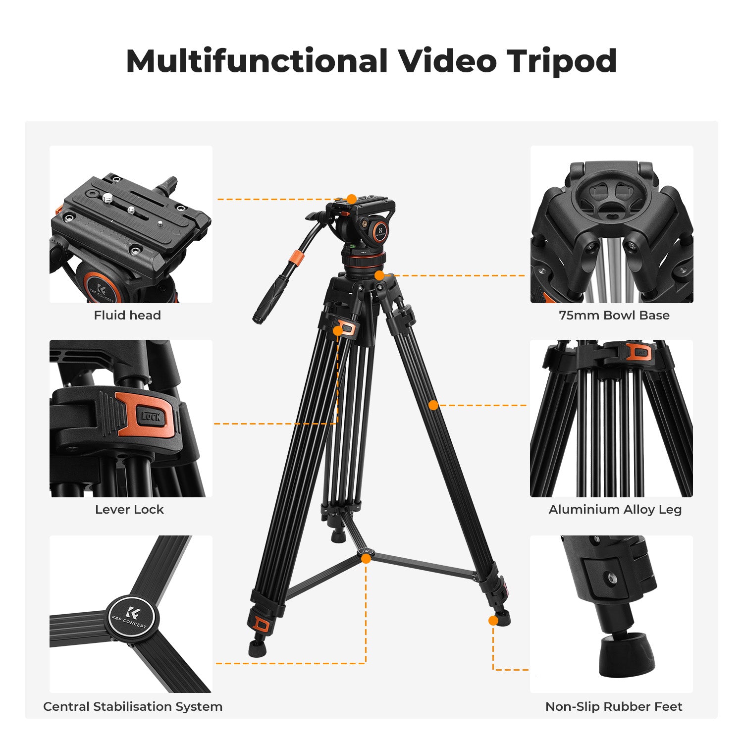 K&F 8KG Load Capacity Fluid Head Tripod Camera Tripod Maximum Height 1.91m Video Tripod VA3+BV10