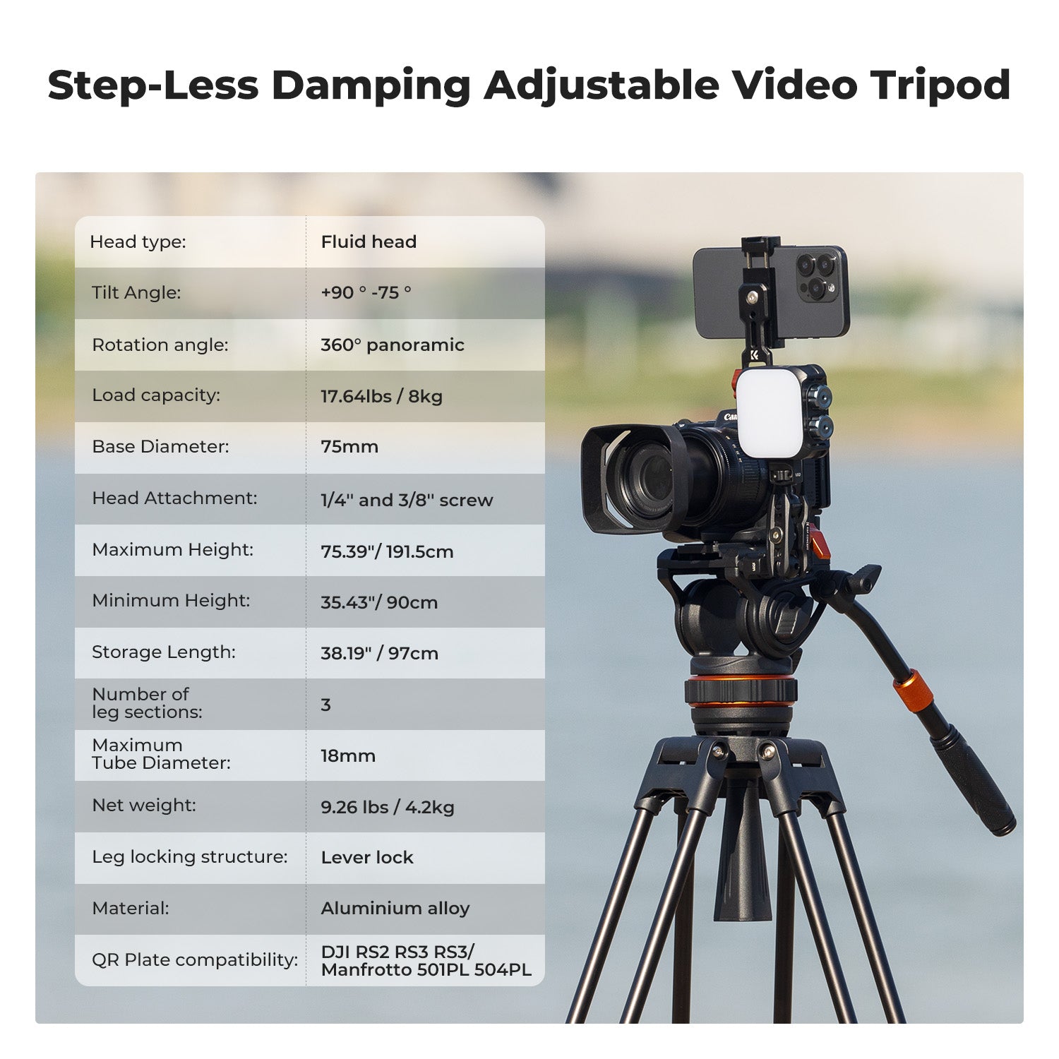 K&F 8KG Load Capacity Fluid Head Tripod Camera Tripod Maximum Height 1.91m Video Tripod VA3+BV10