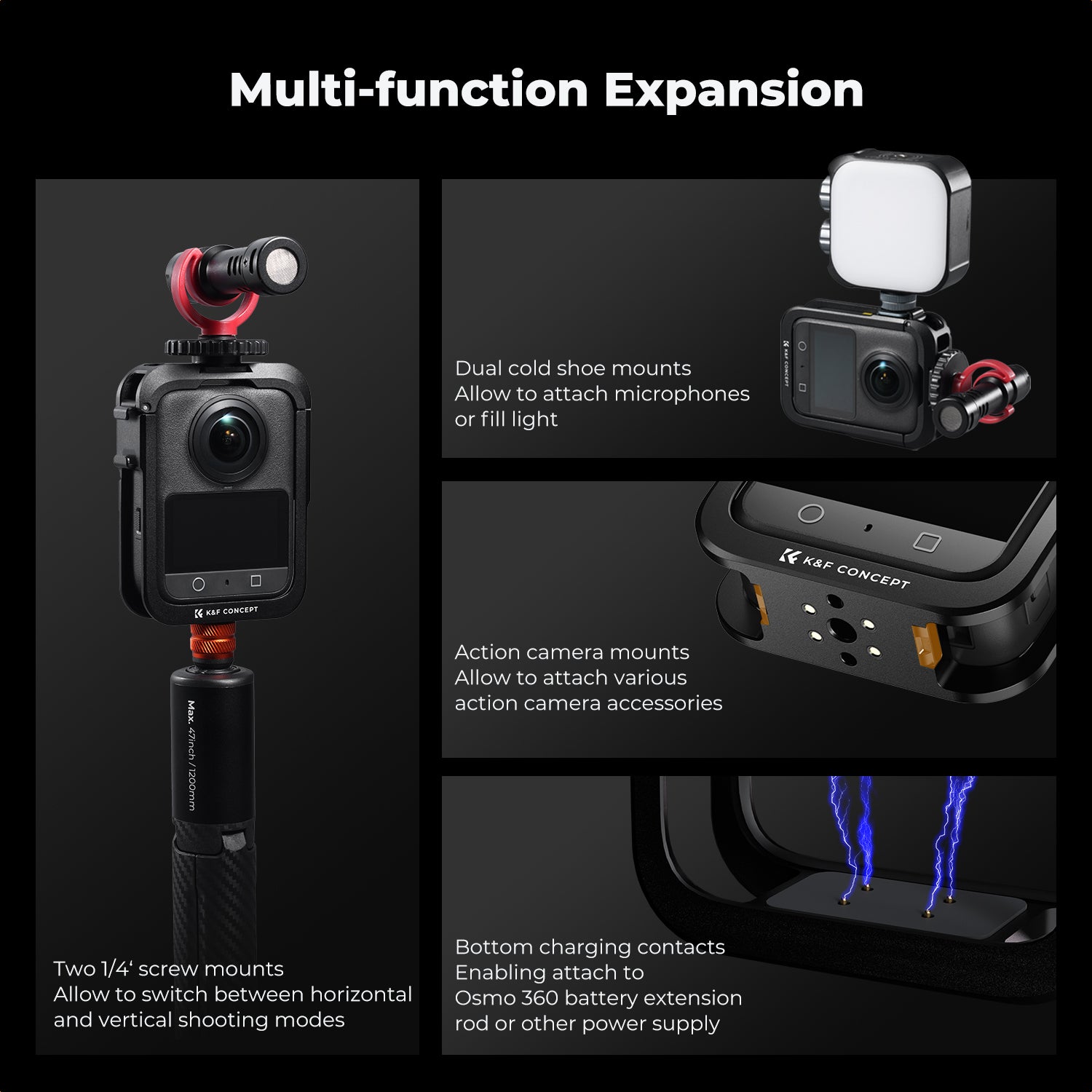 K&F CONCEPT Metal Camera Cage Compatible with DJI Osmo 360 Accessories, Aluminum Alloy Protective Case | with Silicone Lens Cover | Expansion Frame with 2 Cold Shoe Mount | Built-in Charging Interface