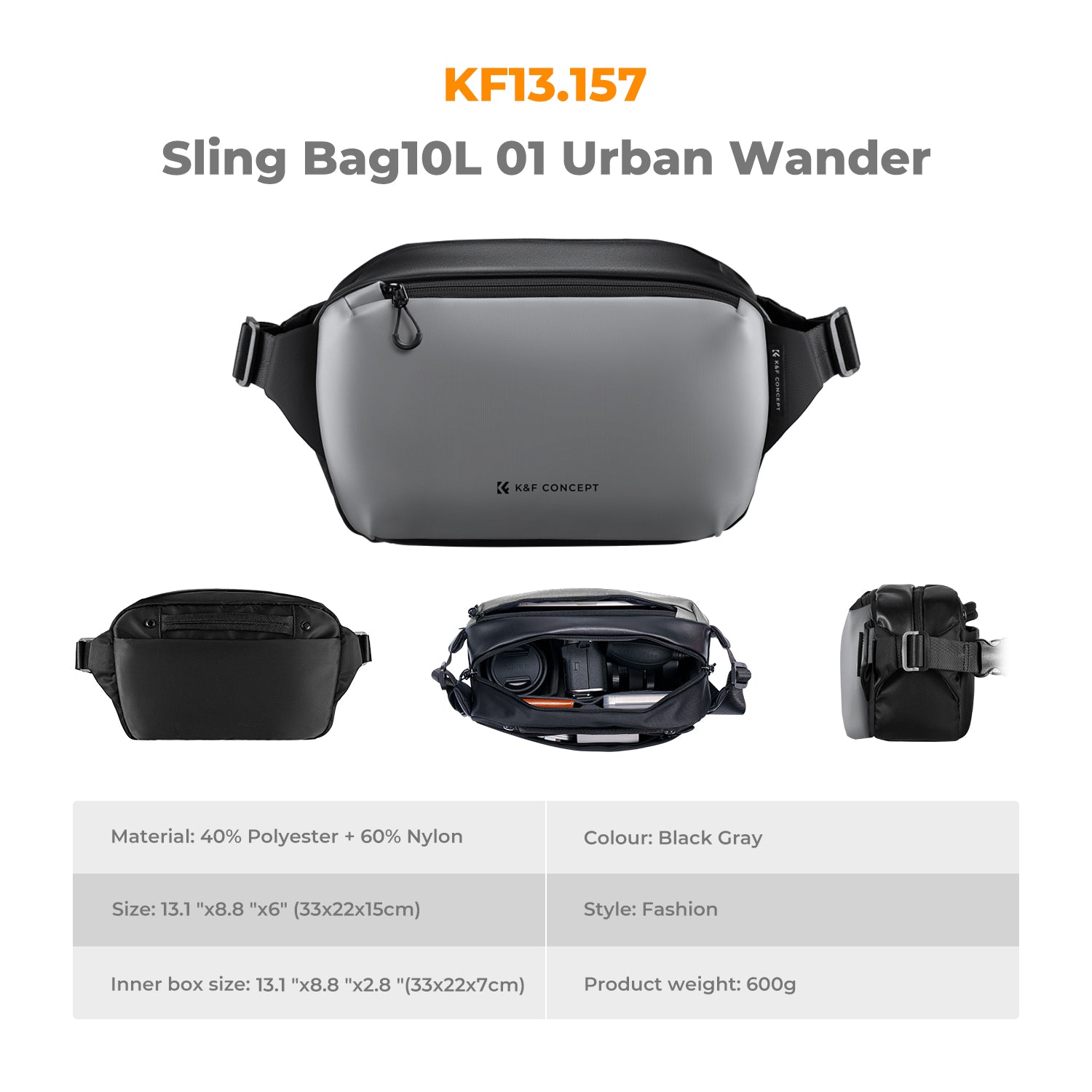 K&F Concept Alpha Camera Sling Bag 10L Photography Shoulder Bag, Compatible with Canon / Nikon / Sony Camears / DJI Mavic Drones - Sling Bag10L Urban Wander 01 (Grey)