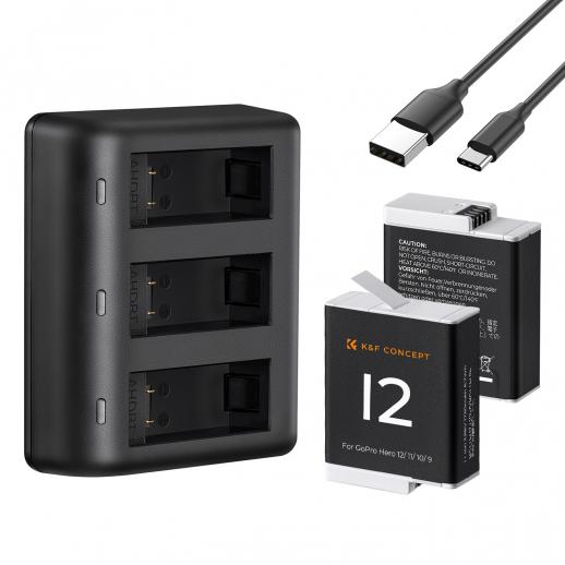 k&f 2 Pack 1730mAh Batteries for GoPro Hero 12/11/10/9 Black, with 3-Channel LCD USB Fast Charger Fit for Gopro Hero 12 Black, Hero 11 Black, Hero 10 Black, Hero 9 Black