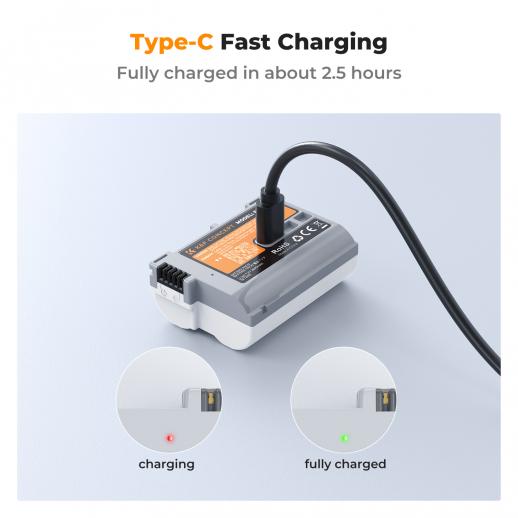 K&F Concept EN-EL15C Battery with 2600mAh Capacity and Type-C Fast Charging for for Nikon Z8, Z7II, Z 7, Z 6II, Z 6, Z5, D850, D810, D810A, D780, D750, D610, D500, D7500, D7200 Camera