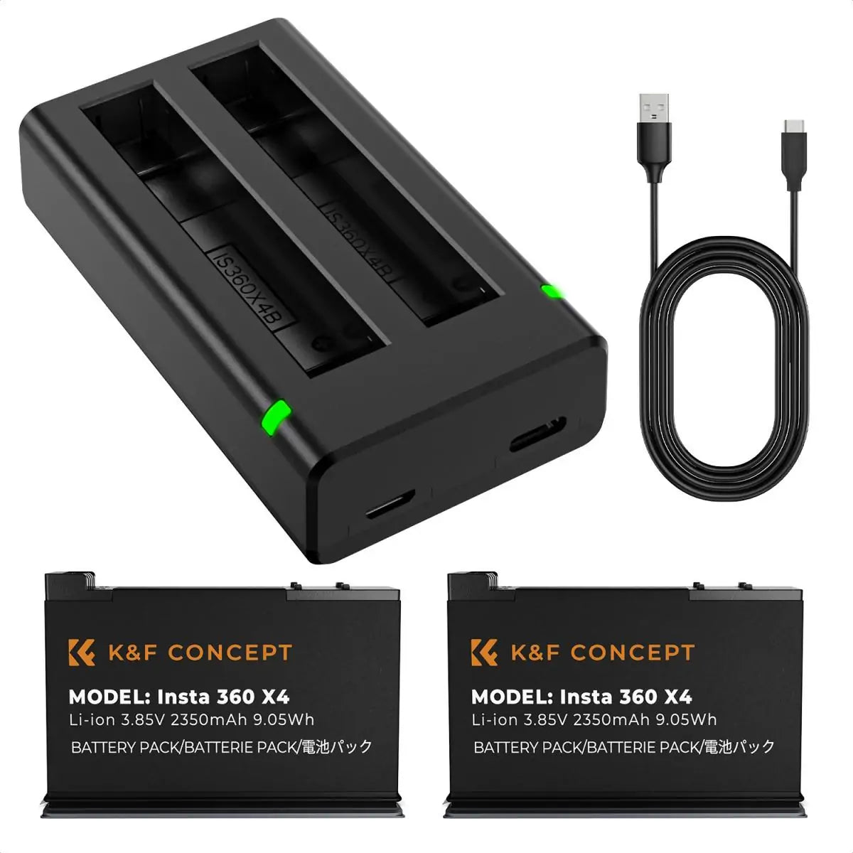 K&F Concept Insta 360 X4 Battery and Charger, 2-Pack 2350mAh X4 Battery and Dual LED Fast Battery Charger for Insta 360 X4 Accessories (KF28.0050)