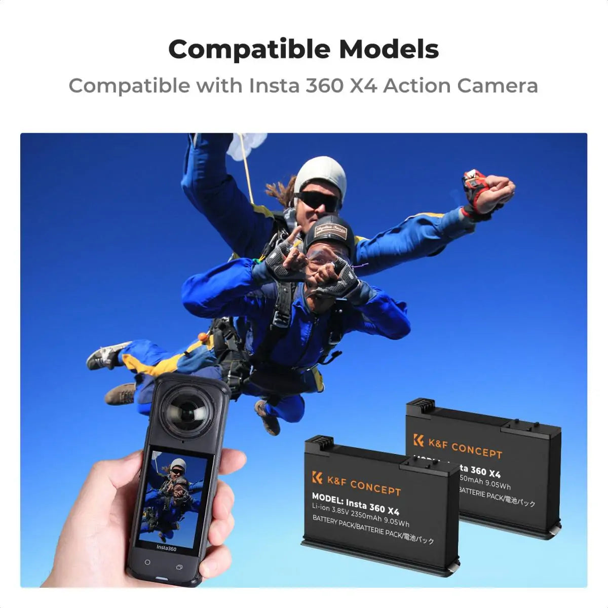 K&F Concept Insta 360 X4 Battery and Charger, 2-Pack 2350mAh X4 Battery and Dual LED Fast Battery Charger for Insta 360 X4 Accessories (KF28.0050)