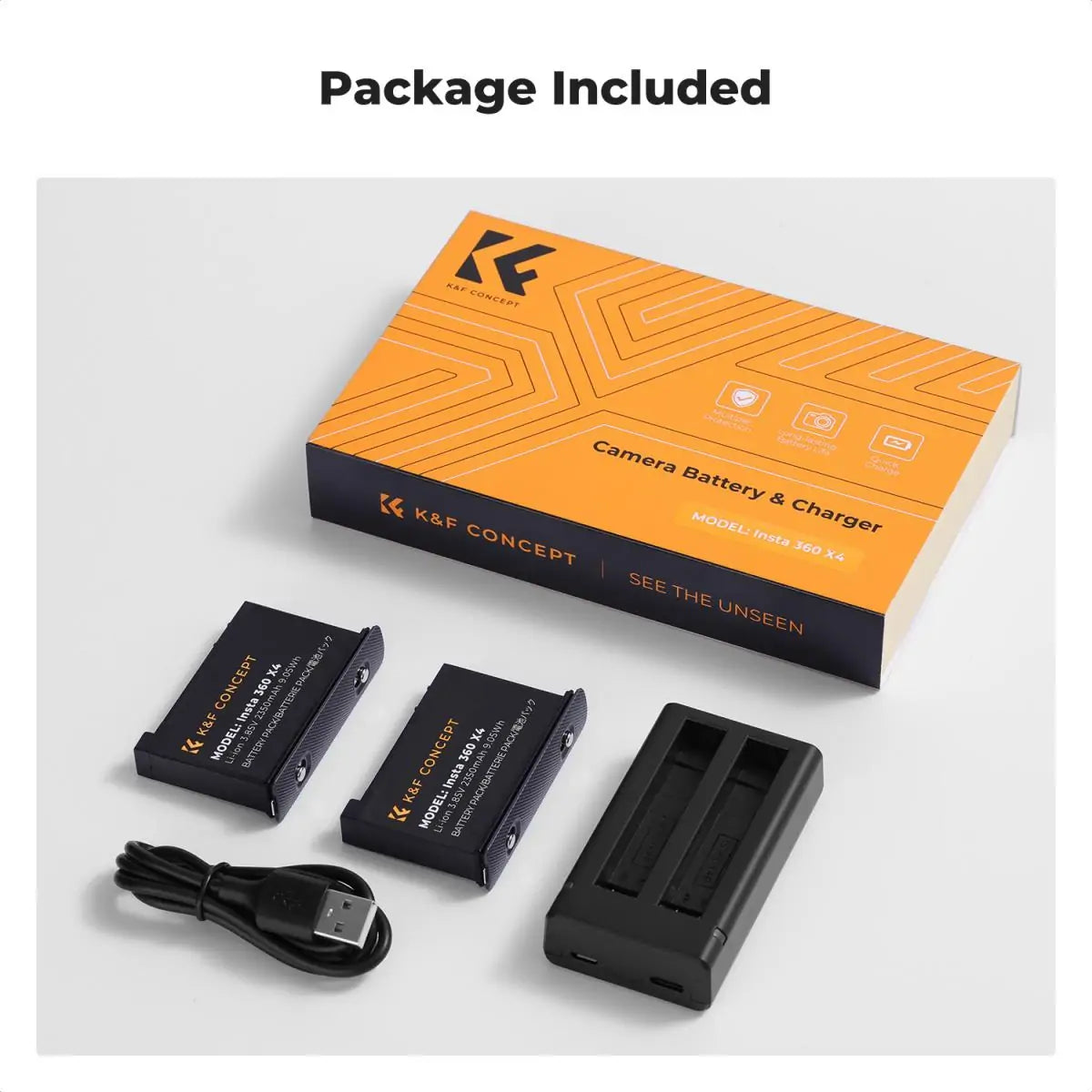K&F Concept Insta 360 X4 Battery and Charger, 2-Pack 2350mAh X4 Battery and Dual LED Fast Battery Charger for Insta 360 X4 Accessories (KF28.0050)