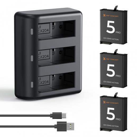 K&F Concept Osmo Action 5 Pro/4/3 Battery Charger, 3-Pack 2100mAh Action 5 Pro Batteries & 3-Slot Fast Charger Compatible with DJI OSMO Action 5 Pro, Osmo Action 4, Osmo Action 3