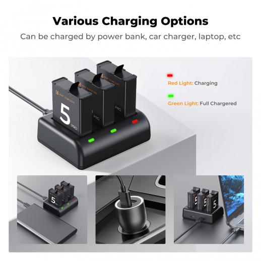 K&F Concept Osmo Action 5 Pro/4/3 Battery Charger, 3-Pack 2100mAh Action 5 Pro Batteries & 3-Slot Fast Charger Compatible with DJI OSMO Action 5 Pro, Osmo Action 4, Osmo Action 3